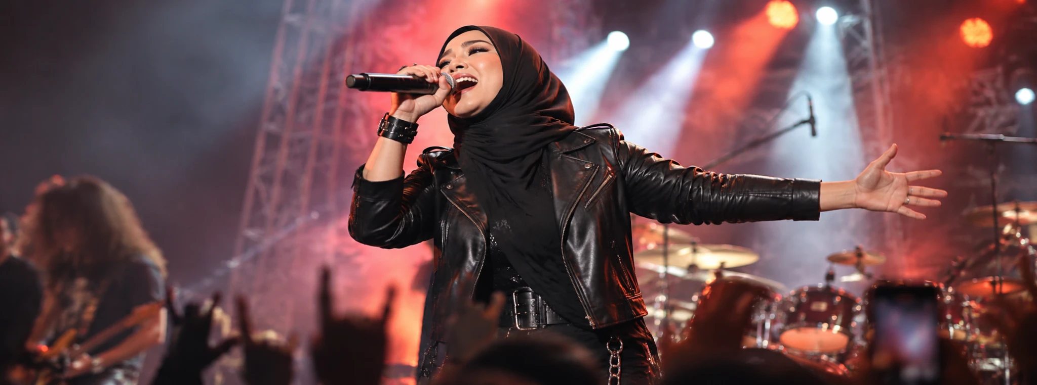 Zahra Rock, a hijabi Malay rock singer, performing on stage